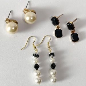 Vintage Faux Pearl Drop Earring Lot Set 3 Pairs Mourning Jewelry Estate Black